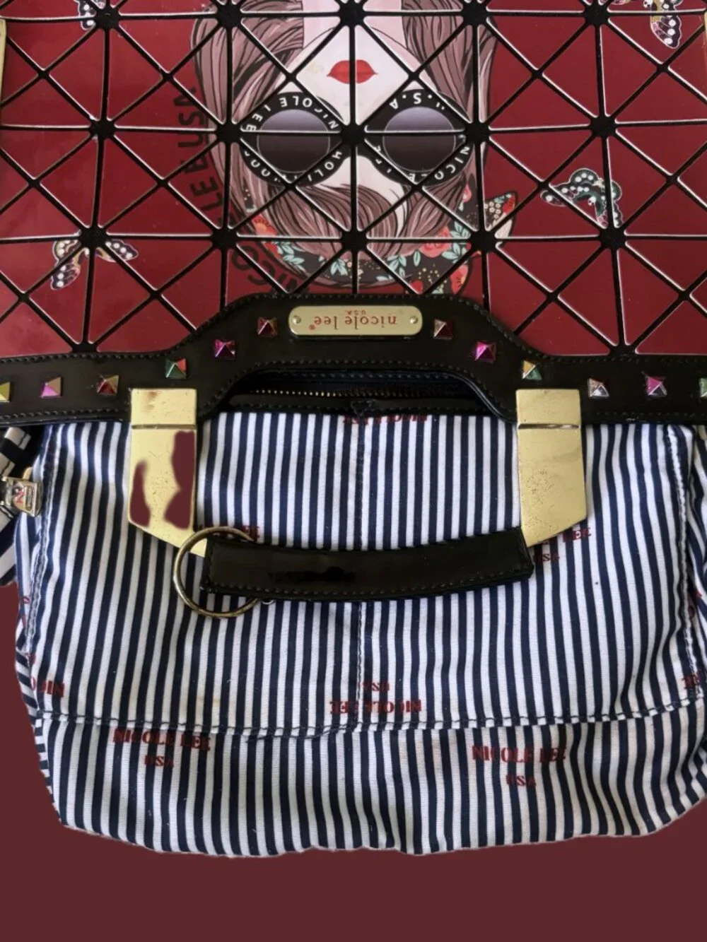 Nicole Lee Modular-Block Striped-interior lined Satchel Handbag Gold Hardware